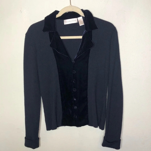 Dana Buchman Velvet Trim Wool Knit Button Down Size Small - Picture 1 of 6